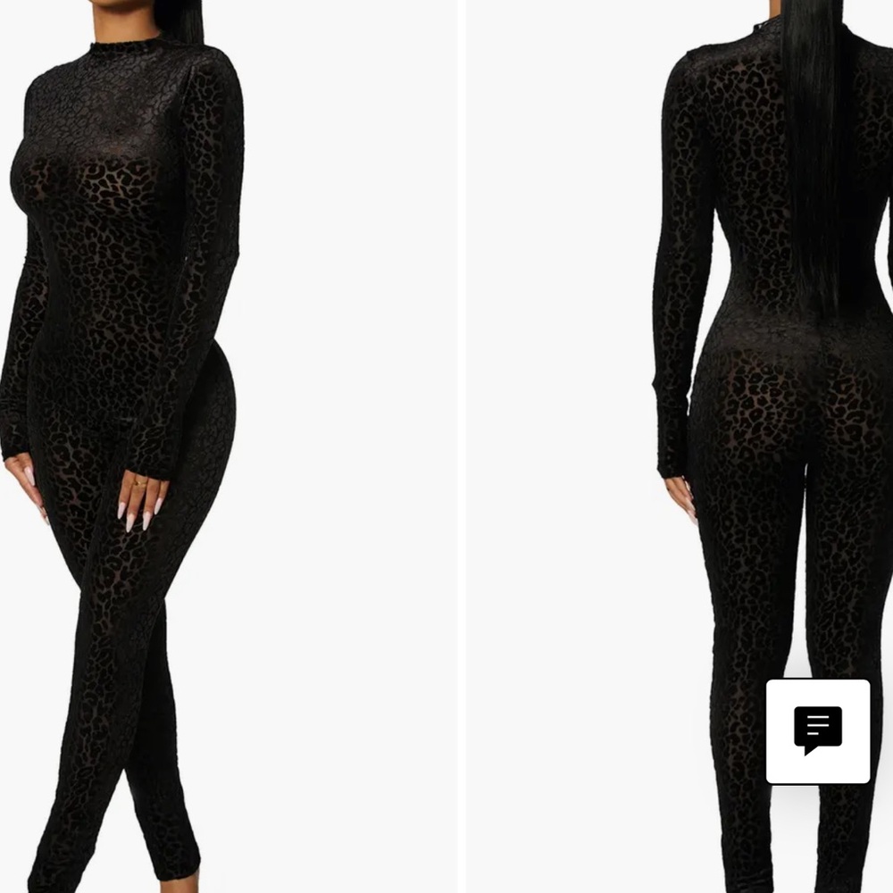 Naked wardrobe leopard jumpsuit long sleeve semi-sheer Large